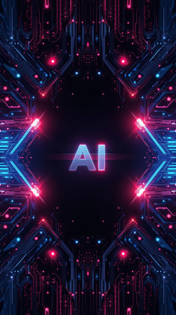 High-tech futuristic background featuring glowing digital elements, neon circuits, holographic particles, and a bold AI lettering in the center. Perfect for tech presentations, AI-の素材