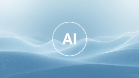 High-tech futuristic background featuring glowing digital elements, neon circuits, holographic particles, and a bold AI lettering in the center. Perfect for tech presentations, AI-の素材