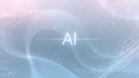 High-tech futuristic background featuring glowing digital elements, neon circuits, holographic particles, and a bold AI lettering in the center. Perfect for tech presentations, AI-の素材