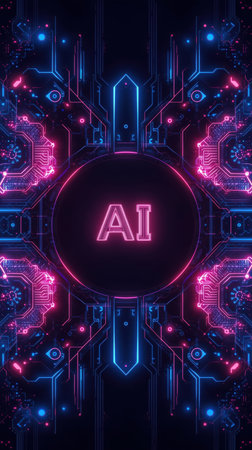 High-tech futuristic background featuring glowing digital elements, neon circuits, holographic particles, and a bold AI lettering in the center. Perfect for tech presentations, AI-の素材
