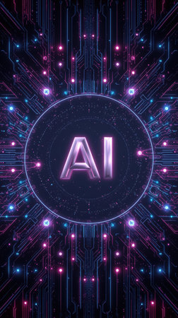 High-tech futuristic background featuring glowing digital elements, neon circuits, holographic particles, and a bold AI lettering in the center. Perfect for tech presentations, AI-の素材