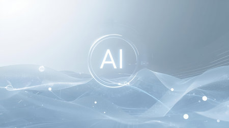 High-tech futuristic background featuring glowing digital elements, neon circuits, holographic particles, and a bold AI lettering in the center. Perfect for tech presentations, AI-の素材