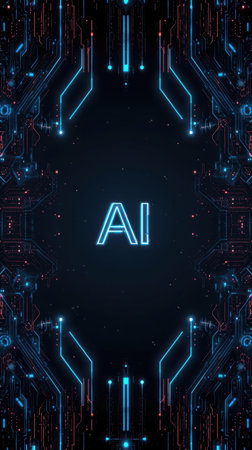High-tech futuristic background featuring glowing digital elements, neon circuits, holographic particles, and a bold AI lettering in the center. Perfect for tech presentations, AI-の素材