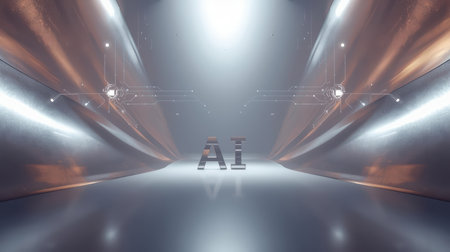 High-tech futuristic background featuring glowing digital elements, neon circuits, holographic particles, and a bold AI lettering in the center. Perfect for tech presentations, AI-の素材