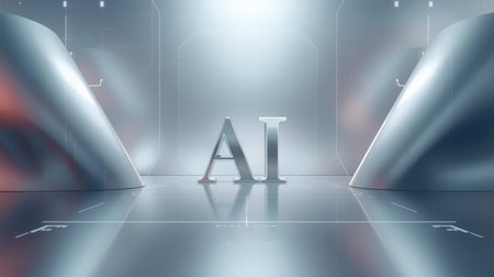 High-tech futuristic background featuring glowing digital elements, neon circuits, holographic particles, and a bold AI lettering in the center. Perfect for tech presentations, AI-の素材