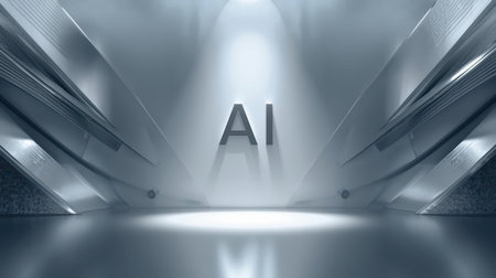 High-tech futuristic background featuring glowing digital elements, neon circuits, holographic particles, and a bold AI lettering in the center. Perfect for tech presentations, AI-の素材