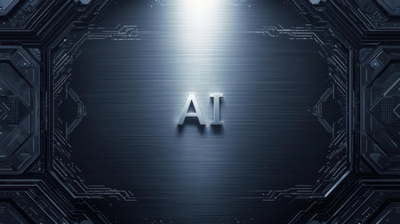 High-tech futuristic background featuring glowing digital elements, neon circuits, holographic particles, and a bold AI lettering in the center. Perfect for tech presentations, AI-の素材