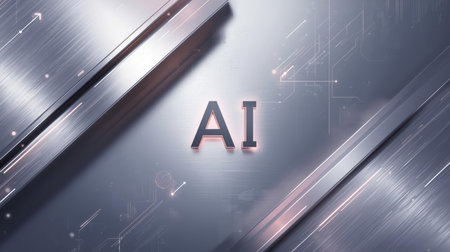 High-tech futuristic background featuring glowing digital elements, neon circuits, holographic particles, and a bold AI lettering in the center. Perfect for tech presentations, AI-の素材