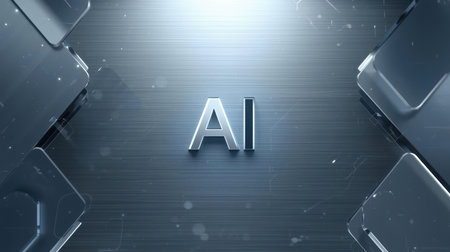 High-tech futuristic background featuring glowing digital elements, neon circuits, holographic particles, and a bold AI lettering in the center. Perfect for tech presentations, AI-の素材