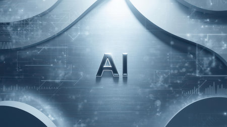 High-tech futuristic background featuring glowing digital elements, neon circuits, holographic particles, and a bold AI lettering in the center. Perfect for tech presentations, AI-の素材