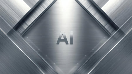 High-tech futuristic background featuring glowing digital elements, neon circuits, holographic particles, and a bold AI lettering in the center. Perfect for tech presentations, AI-の素材