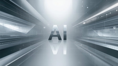 High-tech futuristic background featuring glowing digital elements, neon circuits, holographic particles, and a bold AI lettering in the center. Perfect for tech presentations, AI-の素材