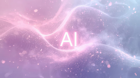 High-tech futuristic background featuring glowing digital elements, neon circuits, holographic particles, and a bold AI lettering in the center. Perfect for tech presentations, AI-の素材