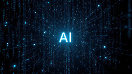 High-tech futuristic background featuring glowing digital elements, neon circuits, holographic particles, and a bold AI lettering in the center. Perfect for tech presentations, AI-の素材