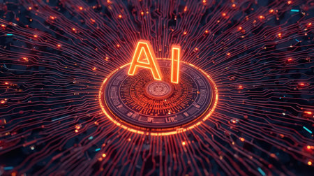 High-tech futuristic background featuring glowing digital elements, neon circuits, holographic particles, and a bold AI lettering in the center. Perfect for tech presentations, AI-の素材