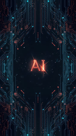 High-tech futuristic background featuring glowing digital elements, neon circuits, holographic particles, and a bold AI lettering in the center. Perfect for tech presentations, AI-の素材