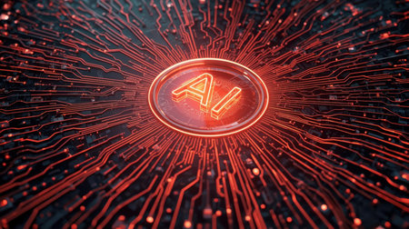 High-tech futuristic background featuring glowing digital elements, neon circuits, holographic particles, and a bold AI lettering in the center. Perfect for tech presentations, AI-の素材