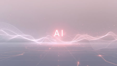 High-tech futuristic background featuring glowing digital elements, neon circuits, holographic particles, and a bold AI lettering in the center. Perfect for tech presentations, AI-の素材