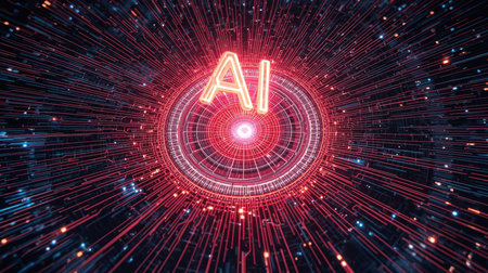 High-tech futuristic background featuring glowing digital elements, neon circuits, holographic particles, and a bold AI lettering in the center. Perfect for tech presentations, AI-の素材