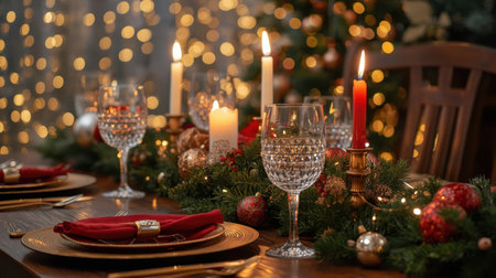 Beautiful Christmas table setting with candles on blurred background, closeupの素材