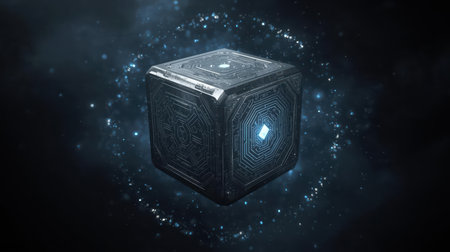3d illustration of a black cube with a blue glow in the centerの素材