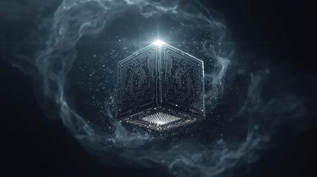 3D rendering illustration of a luminous object in the form of a cubeの素材