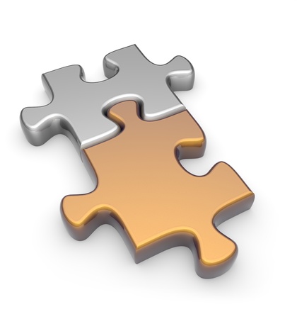 Gold and silver puzzle on a white background. 3d imageの写真素材