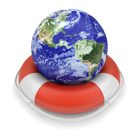 Ecology concept. Earth globe in lifebuoy. 3d image. The Earth texture of this image furnished by NASA. (http://visibleearth.nasa.gov/view.php?id=57735)の写真素材