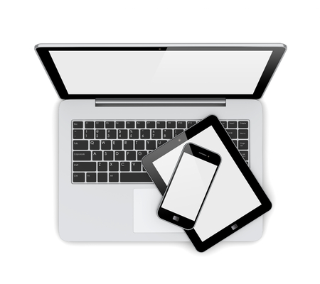 Laptop, tablet pc computer and mobile smartphone with a blank screen. Isolated on a white. 3d image の写真素材