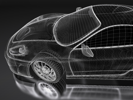 Car vehicle 3d blueprint mesh model on a black background. 3d rendered imageの写真素材