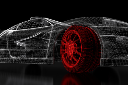Car vehicle 3d blueprint mesh model with a red wheel tire on a black background. 3d rendered imageの写真素材