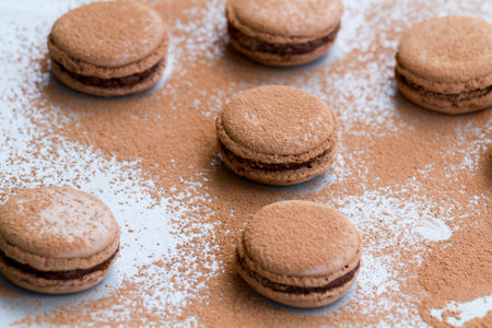 Chocolate macarons on grey background and cacao powderの写真素材
