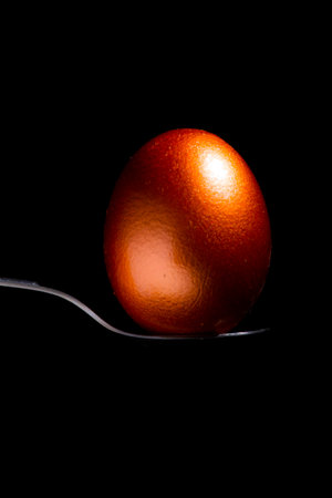 bronze egg on a spoon on a black backgroundの写真素材