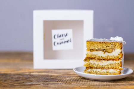 piece of cake with banana and cheese with blue moldの写真素材