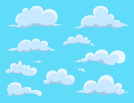 Cartoon Clouds Set isolated on blue background. Vector collection of clouds for web, cartoon, poster, banner and wallpaper. White clouds illustration in the same style.のイラスト素材