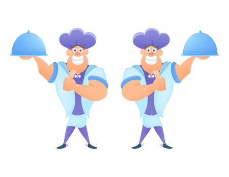 Vector Smiling Che holding a dish in a restaurant and hand showing like isolated on white background.のイラスト素材