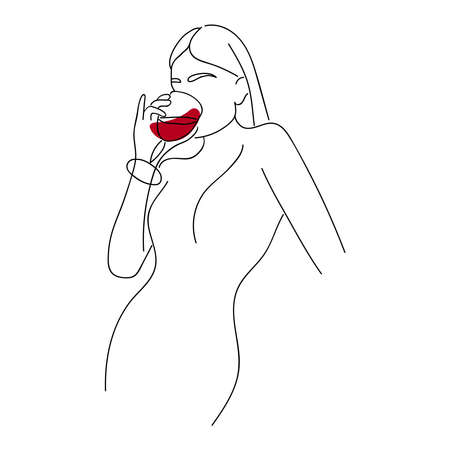 Girl drinks wine or champagne from a glass. Linear silhouette of a woman with a glass goblet. Vector illustration.のイラスト素材