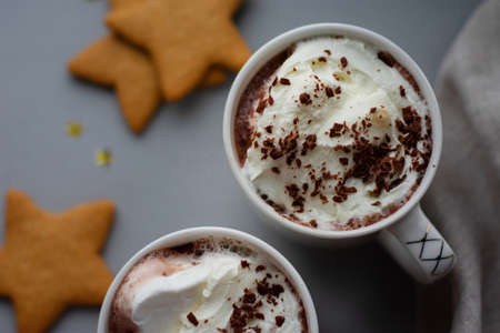 Cup of Hot chocolate with whipped cream on gray background. Gingerbread. Still life. Copy space. Winter drinks.の写真素材
