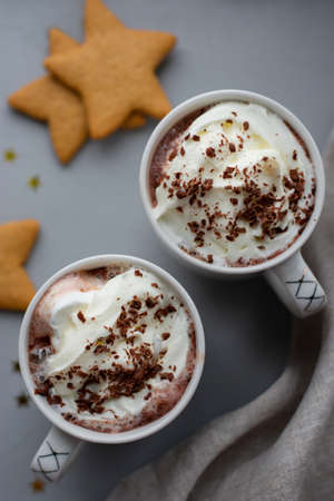 Cup of Hot chocolate with whipped cream on gray background. Gingerbread. Still life. Copy space. Winter drinks.の写真素材