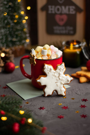 Christmas gingerbread. Cup with marshmallow and gingerbread cookies for christmas holiday. Holiday concept. Copy space. Christmas pastry. Festive bakery.の写真素材