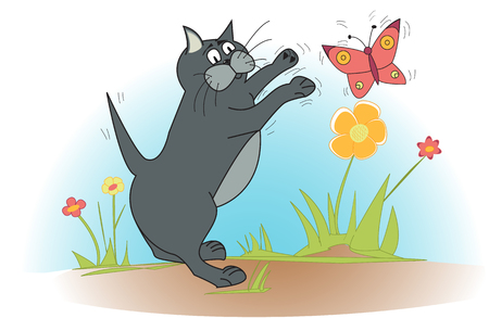 Cute cat plays with pink butterflyのイラスト素材