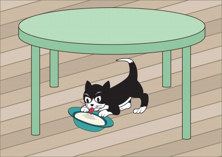 hungry kitten drinks milk under the tableのイラスト素材
