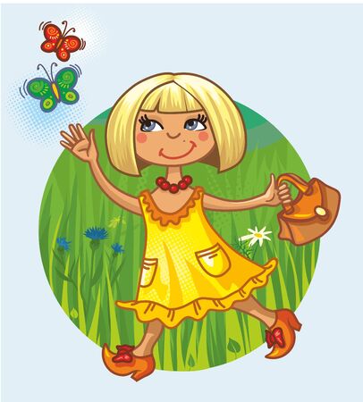 cute little girl running and catching butterfliesのイラスト素材