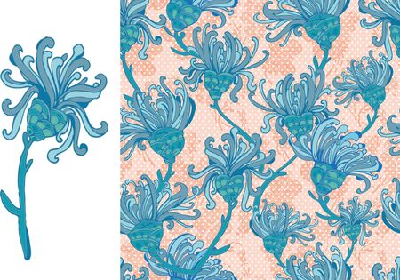 Bright blue Flower Seamless Pattern. plus a beautiful flower chrysanthemumのイラスト素材