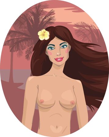 naked brunette girl on the beach. illustrationのイラスト素材