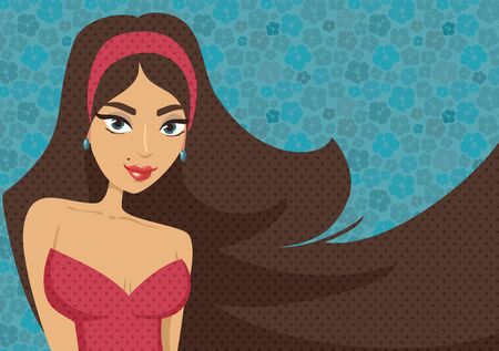 Young brunette girl on a blue background. pink Dressのイラスト素材