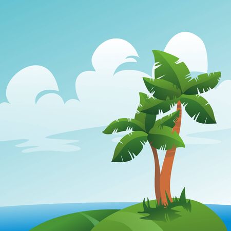 Two palm trees on the island  Sea and skyの写真素材