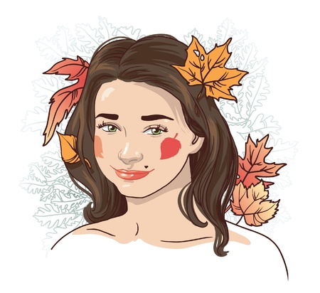 autumn  a beautiful young girl with autumn leaves in her hairのイラスト素材