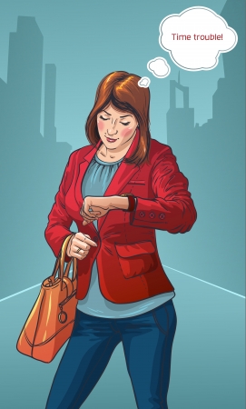 Young business woman in the city center looking at the clock  girl dressed fashionably のイラスト素材
