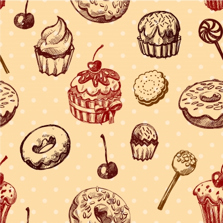 Seamless texture sweets, donut, biscuit on the background of polka dotsのイラスト素材